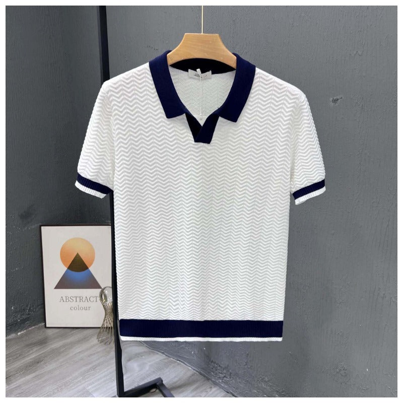 Men's short sleeve knit polo shirt with stylish zigzag pattern, perfect for casual spring & summer fashion.