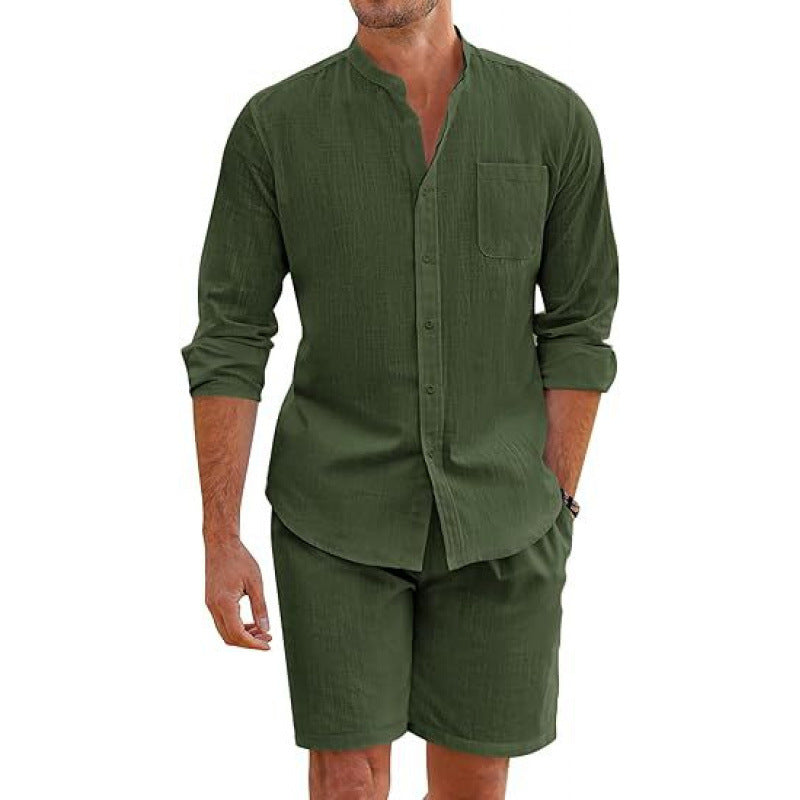 Complete men's summer casual outfit: lightweight shirt and shorts set for ultimate ease.