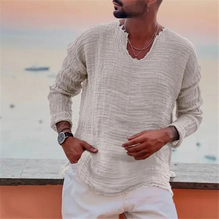 Back view of men's relaxed fit V-neck shirt, showing comfortable drape for casual summer wear.