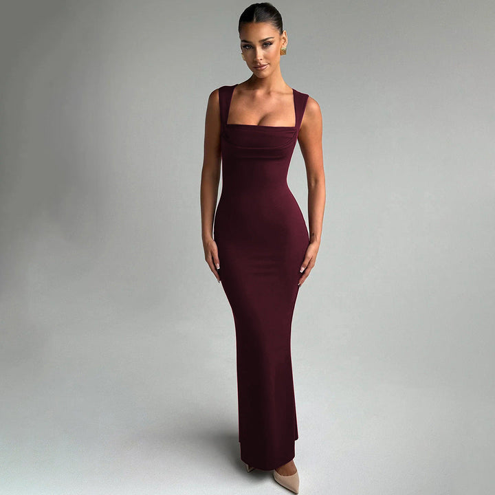 Sophisticated women's formal dress. Features a trendy square neck and elegant draped design, great for evening events.