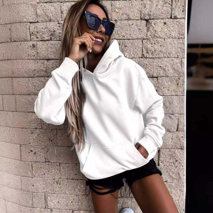 Stylish women's pullover hoodie with kangaroo pocket, perfect for everyday relaxed fit.