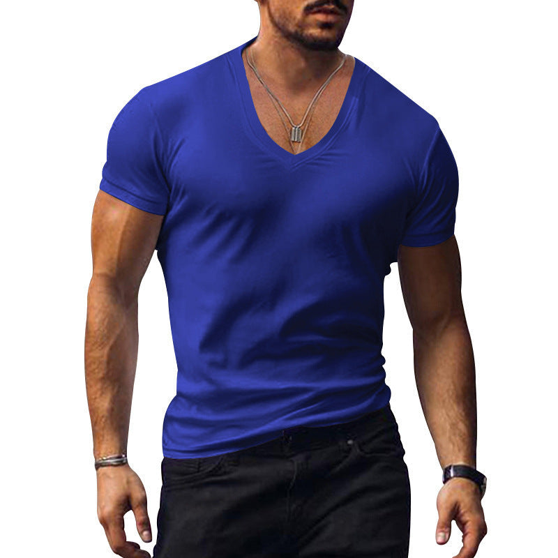 Men's V-neck T-shirt, short sleeve, versatile fashion, comfortable breathable top for casual spring everyday wear.