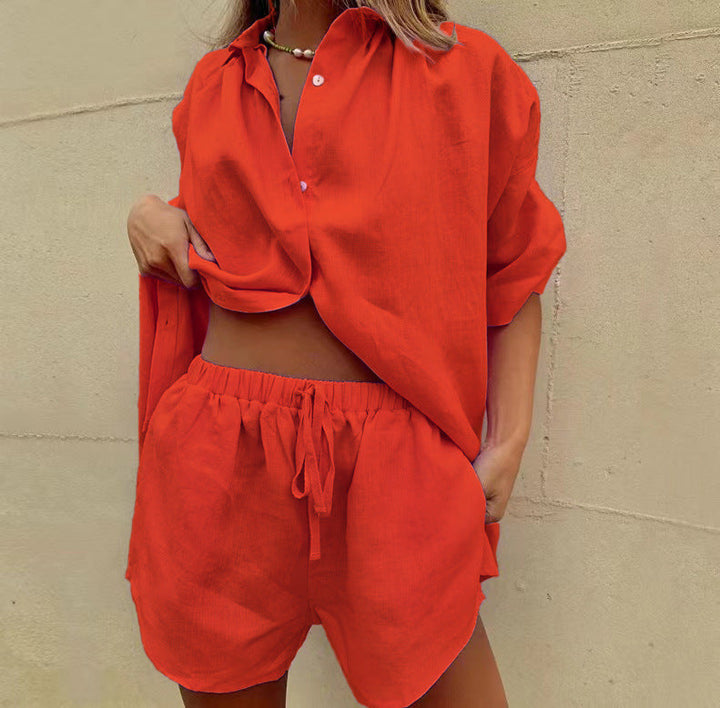 Women's casual two-piece summer shorts set, featuring a trendy button-front top.