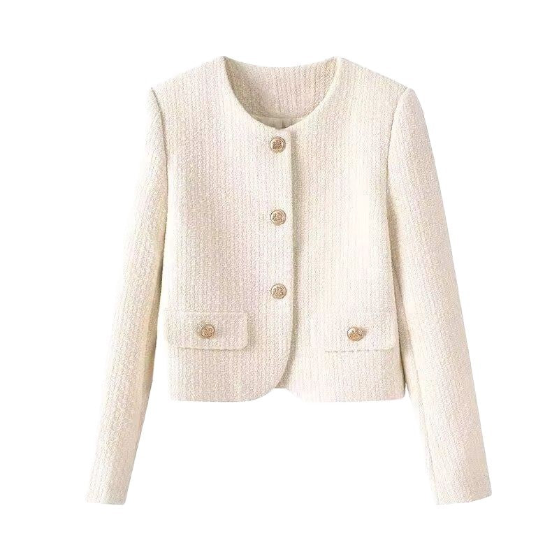 Versatile women's short jacket with gold buttons, ideal for elegant office wear or chic evening outfits.