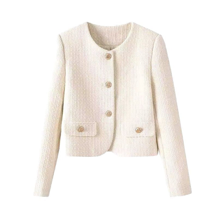Versatile women's short jacket with gold buttons, ideal for elegant office wear or chic evening outfits.