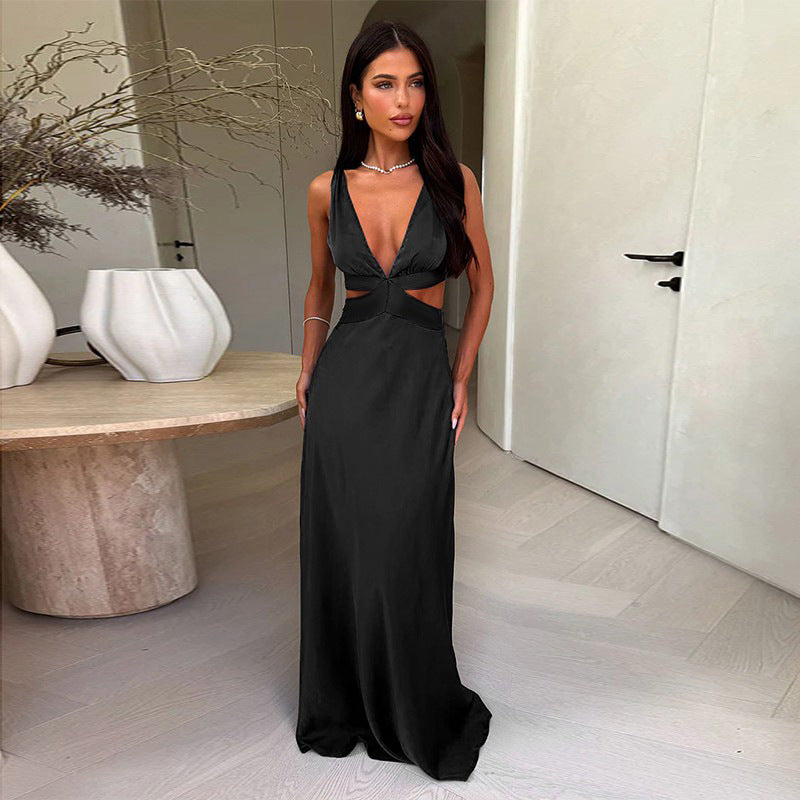 Modern yellow women's formal gown with elegant cutouts & deep V-neck. Perfect special occasion evening wear.