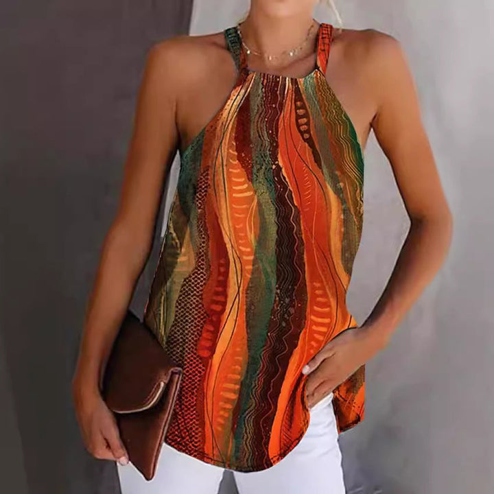 Casual women's strappy blouse showcasing a unique wave print, excellent for summer outfits.