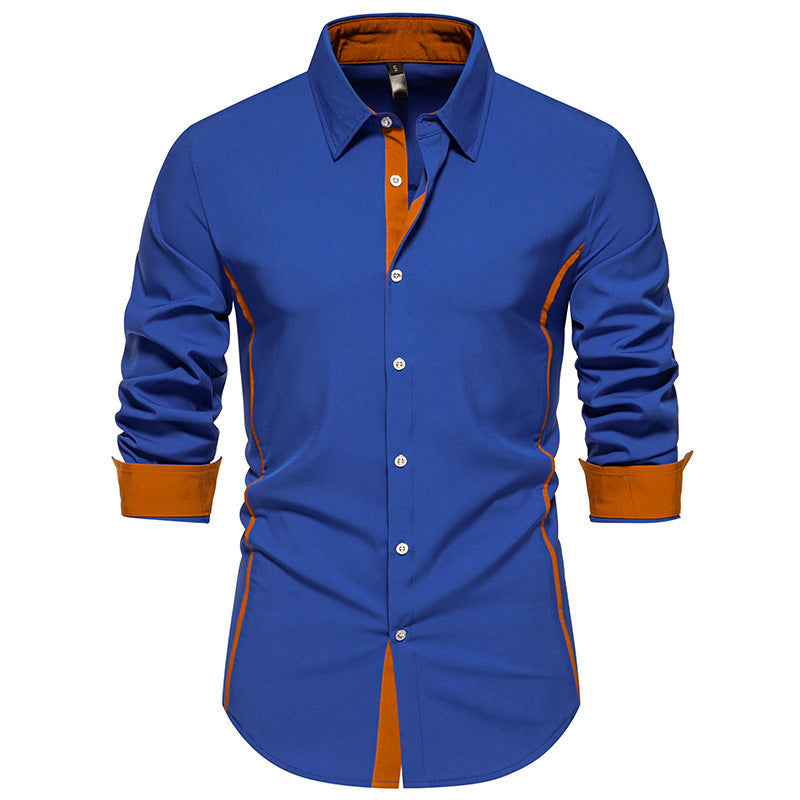 Fashionable men's long sleeve shirt, designed with unique contrast stitch accents for modern style.