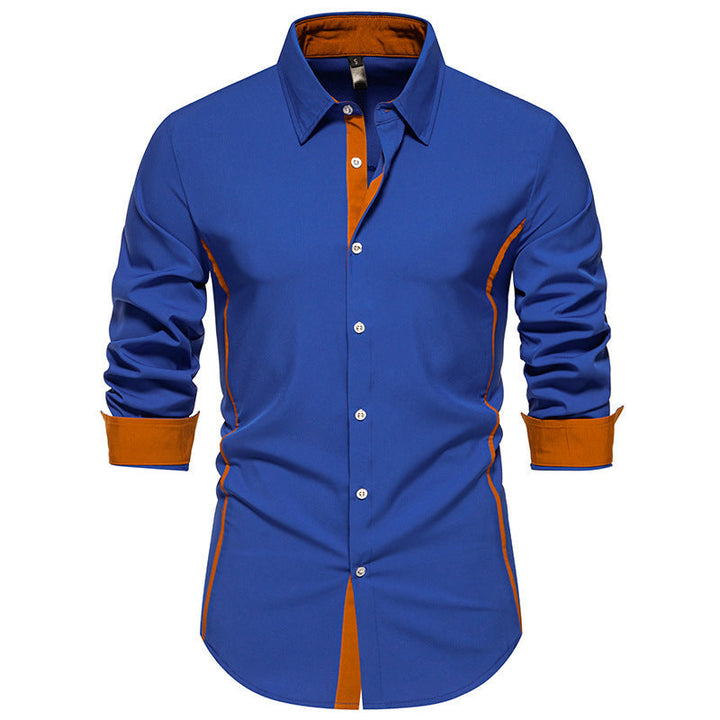 Fashionable men's long sleeve shirt, designed with unique contrast stitch accents for modern style.