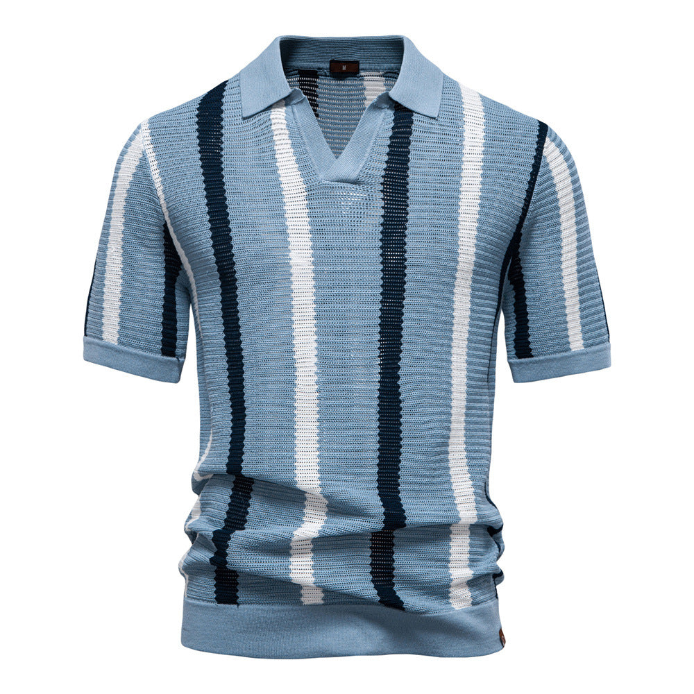 Man wearing a fashionable vertical stripe knit polo shirt with an open collar, ideal for warm weather style.