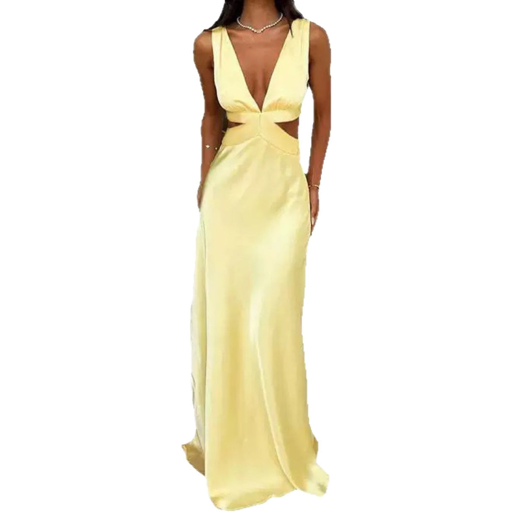 Elegant women's evening wear: a flattering deep V-neck gown with chic waist cut-outs.