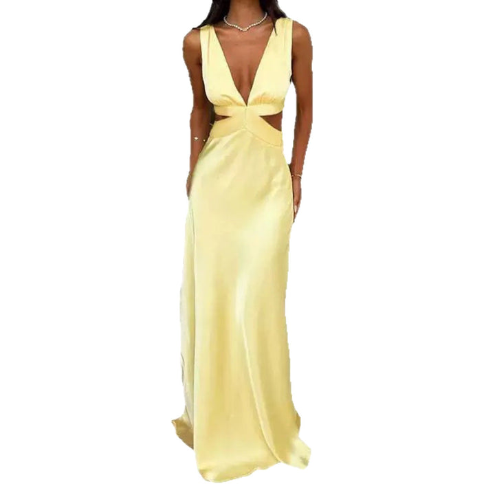 Elegant women's evening wear: a flattering deep V-neck gown with chic waist cut-outs.