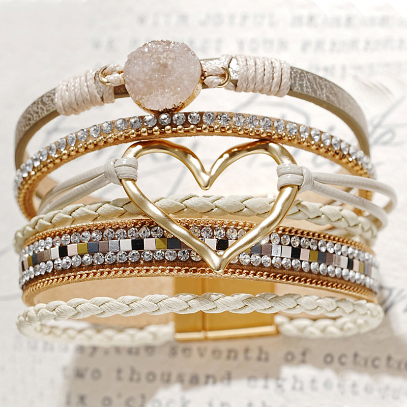 Women's natural stone bohemian bracelet featuring a rhinestone-embellished heart charm; elegant fashion jewelry.