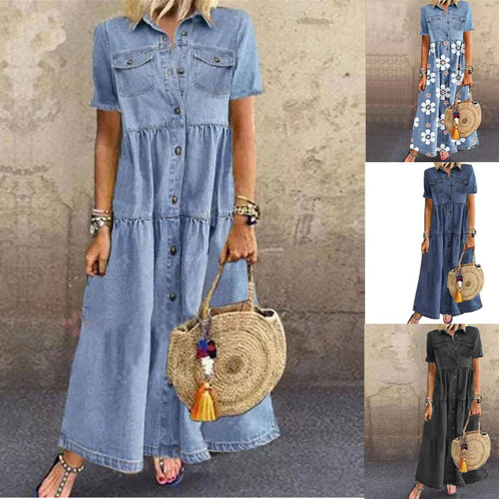 Smart casual women's short sleeve maxi shirt dress, perfect for travel or everyday wear. Relaxed button-down style.