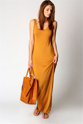 Full-length women's elegant deep round neck maxi dress. Fitted and flattering for a sophisticated look.
