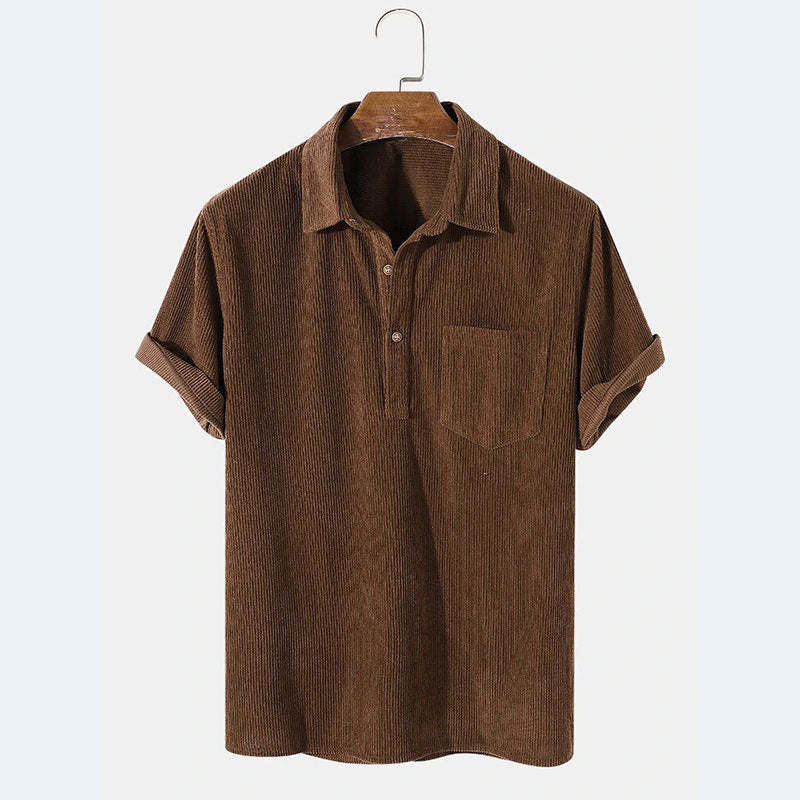 Classic men's striped polo shirt, loose-fit, short-sleeve with button placket & pocket. Great casual summer wear.