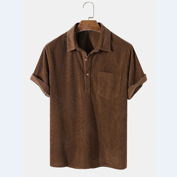Classic men's striped polo shirt, loose-fit, short-sleeve with button placket & pocket. Great casual summer wear.