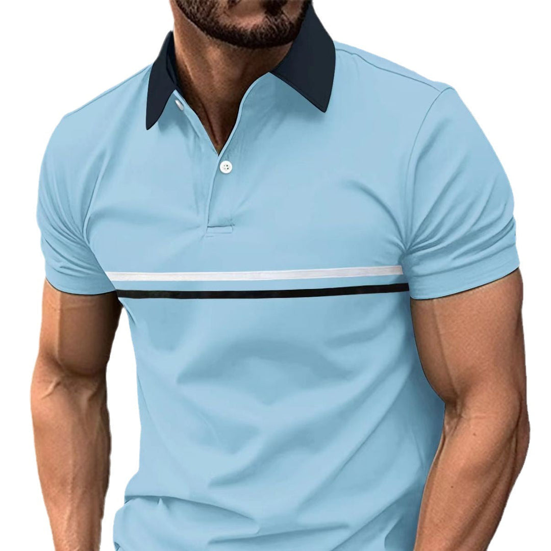 Man wearing a men's striped sport polo shirt for a casual, active, and comfortable summer look.