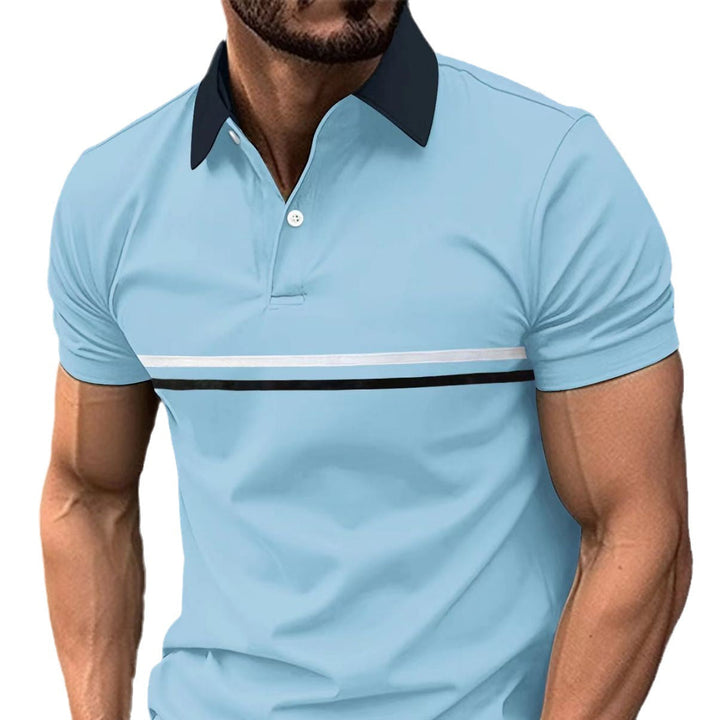 Man wearing a men's striped sport polo shirt for a casual, active, and comfortable summer look.