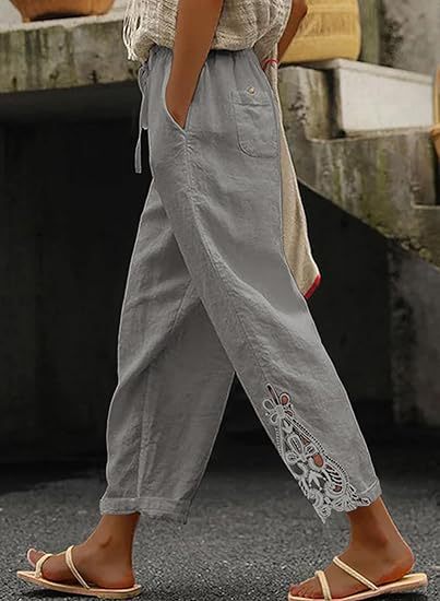 Boho style women's embroidered trousers, great for vacation outfits and lightweight summer fashion.