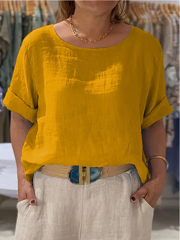 Red women's casual rolled sleeve blouse, lightweight relaxed fit. A vibrant top for summer style.