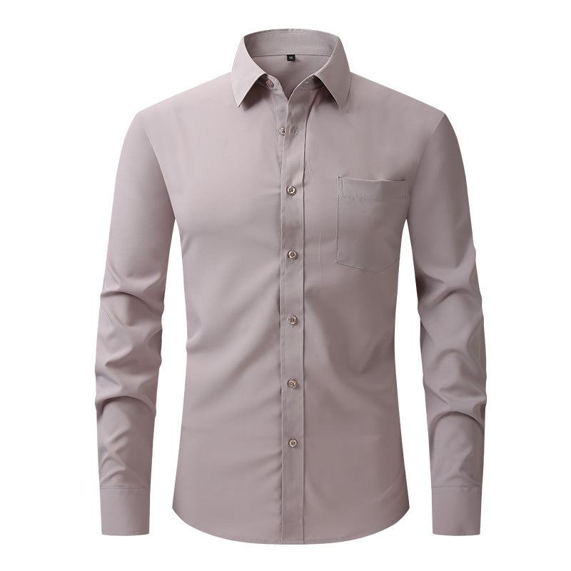 Assortment of men's professional business dress shirts in various classic colors for office fashion.