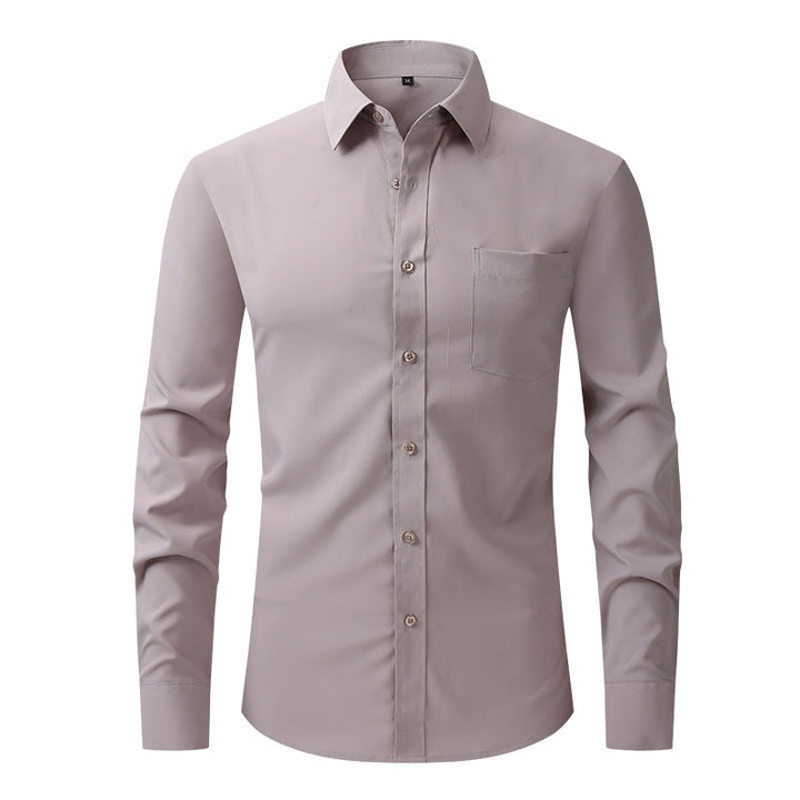 Assortment of men's professional business dress shirts in various classic colors for office fashion.