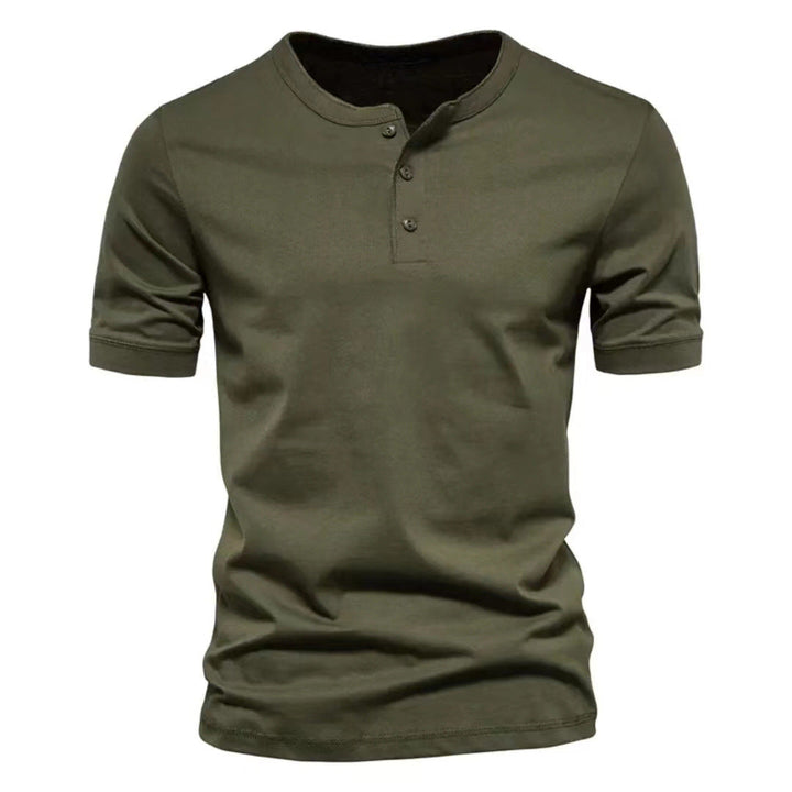 Grey men's short sleeve Henley shirt with a casual button-down neckline, everyday style.