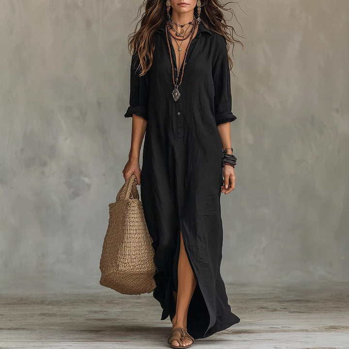 Experience comfort in this women's flowy button-down maxi shirt dress with a stylish side slit. Spring/summer ready.