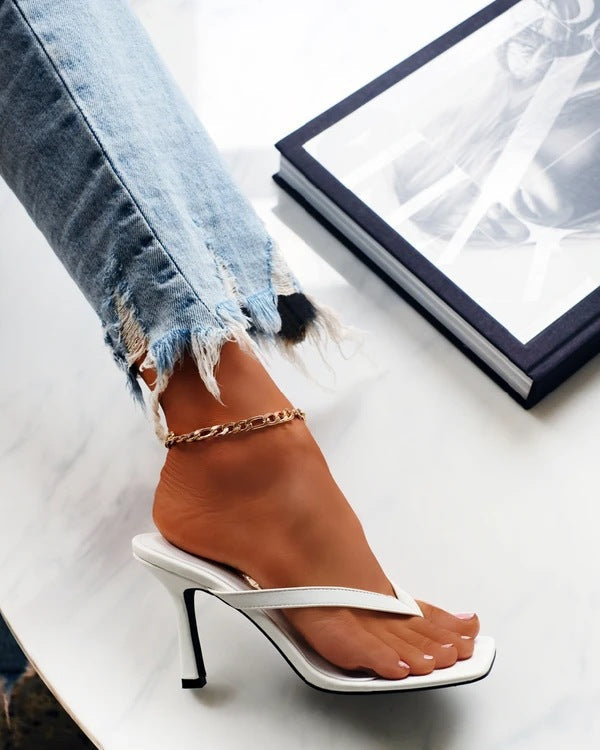 Versatile women's high heel thong sandals with an elegant chain, suitable for fashion-forward dress & casual.