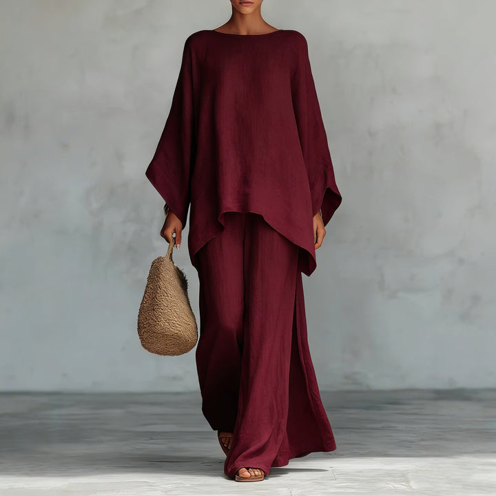 Elegant women's blouse and wide leg pants two-piece set in a comfortable, loose fit airy fabric.