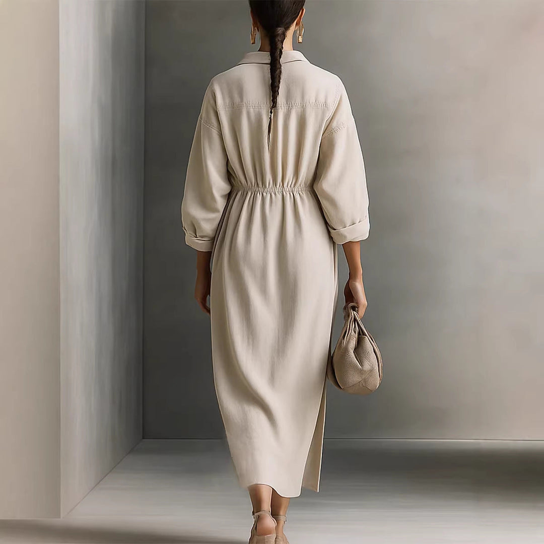 Fashionable women's midi dress with tie waist & long sleeves, versatile for summer or office wear.