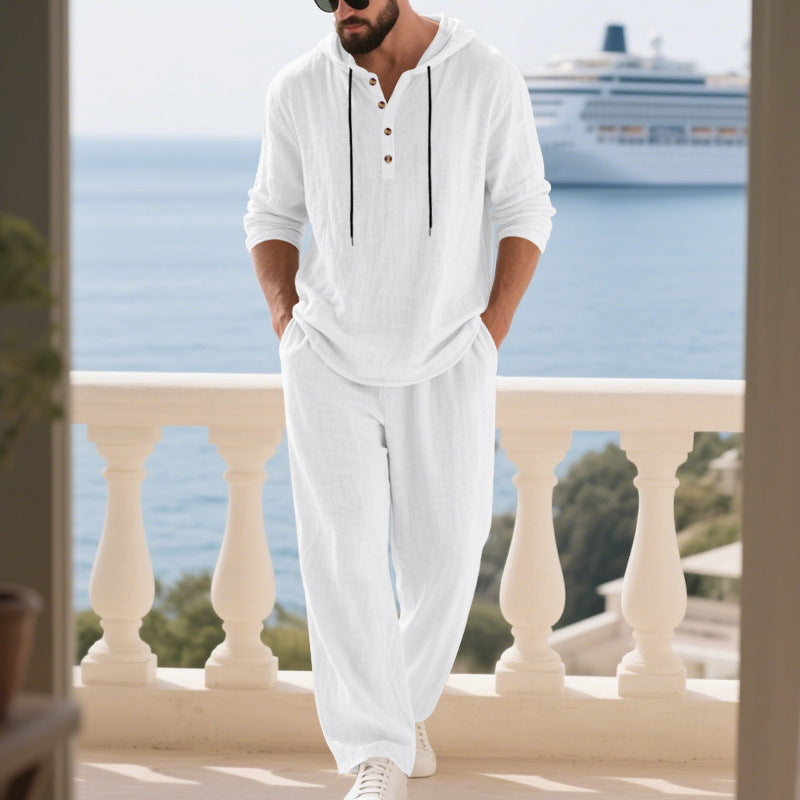 Men's casual hoodie and jogger set in a relaxed fit, featuring convenient pockets.