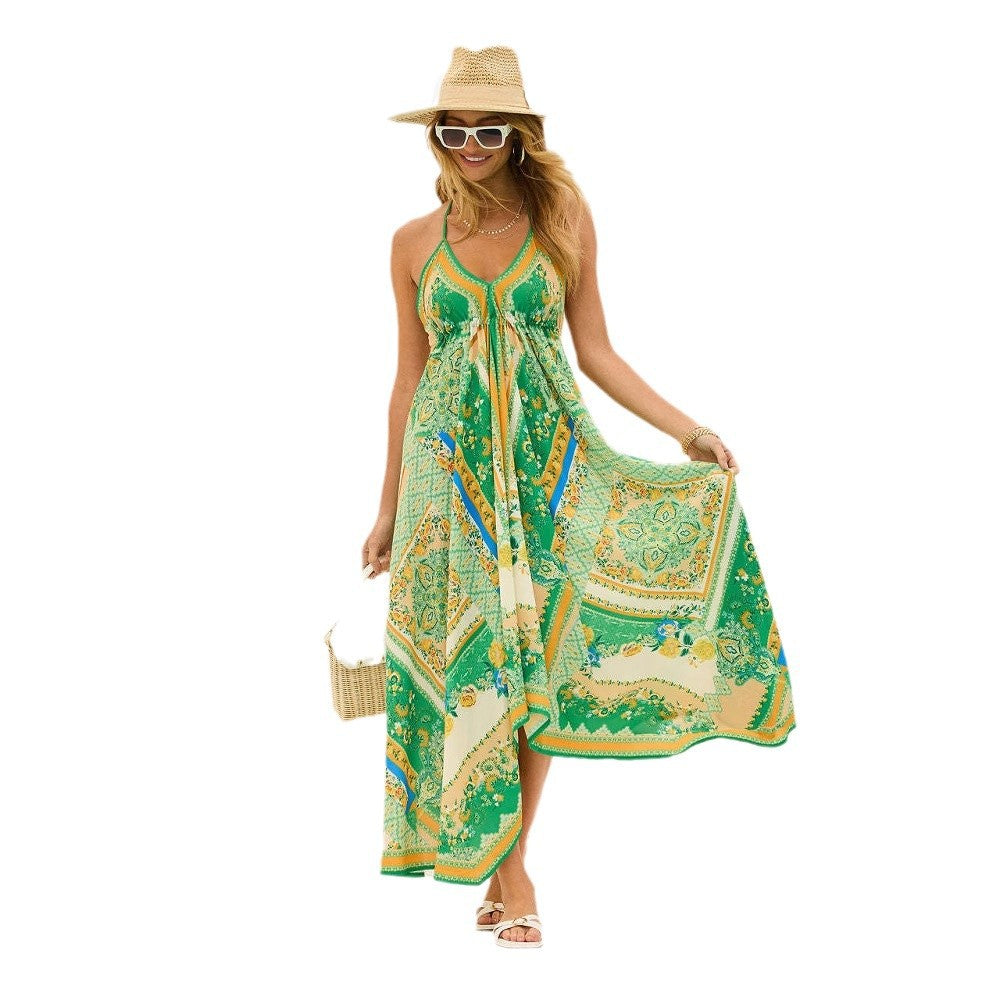 Comfortable floral halterneck maxi dress for women. Versatile summer wear, elegant for parties, casual for beach vacations.