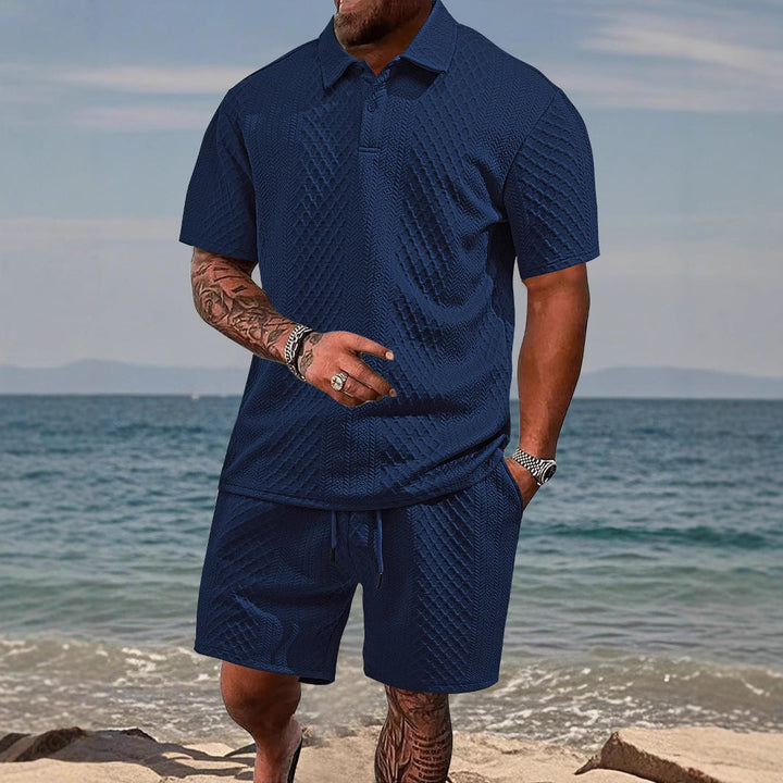 Men's leisure polo & shorts set, ideal for casual wear, sport, or summer fashion.