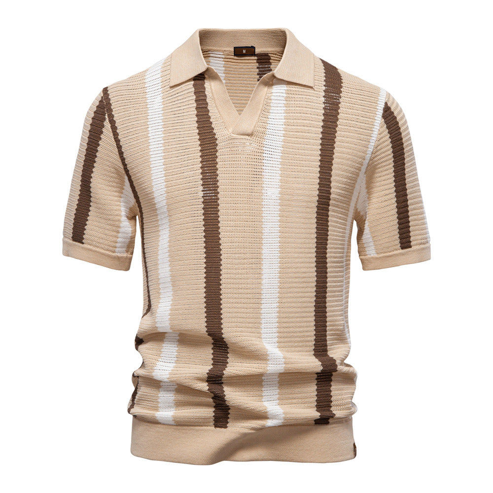 Men's summer casual top: a short sleeve vertical stripe knit polo with a modern open collar design.
