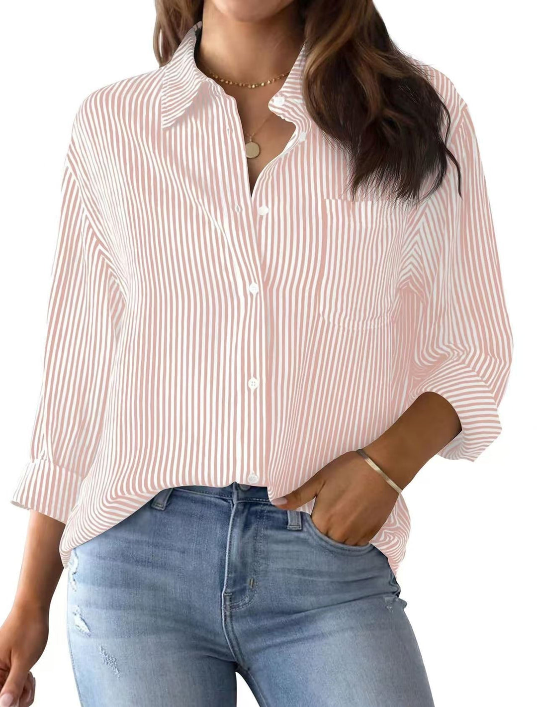 Soft fabric women's striped shirt, relaxed silhouette with a stylish front chest pocket.