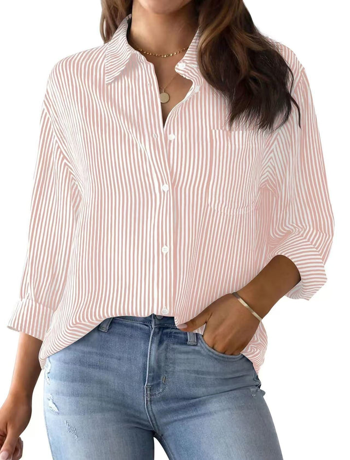 Soft fabric women's striped shirt, relaxed silhouette with a stylish front chest pocket.