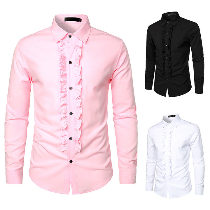 Men's elegant white ruffle dress shirt, perfect for formal events & special occasions. Slim fit, stylish button-down top.