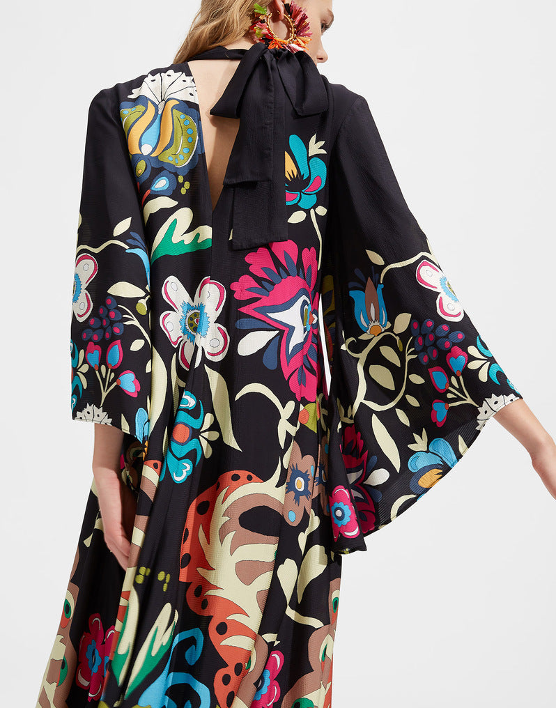 Women's colorful 3D print dress, elegant and comfortable with three-quarter sleeves & stand collar.