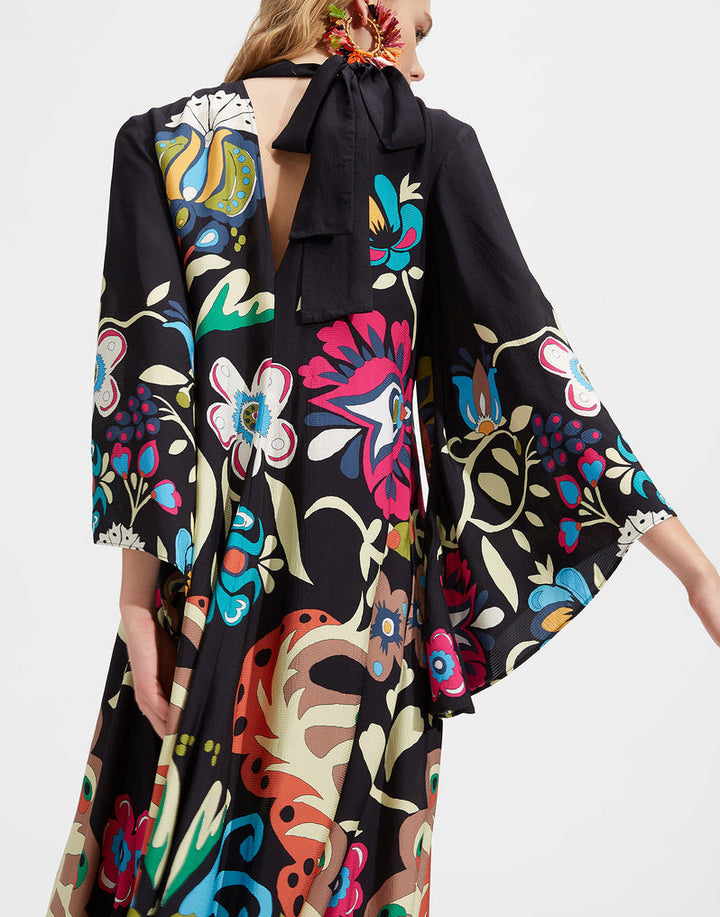 Women's colorful 3D print dress, elegant and comfortable with three-quarter sleeves & stand collar.