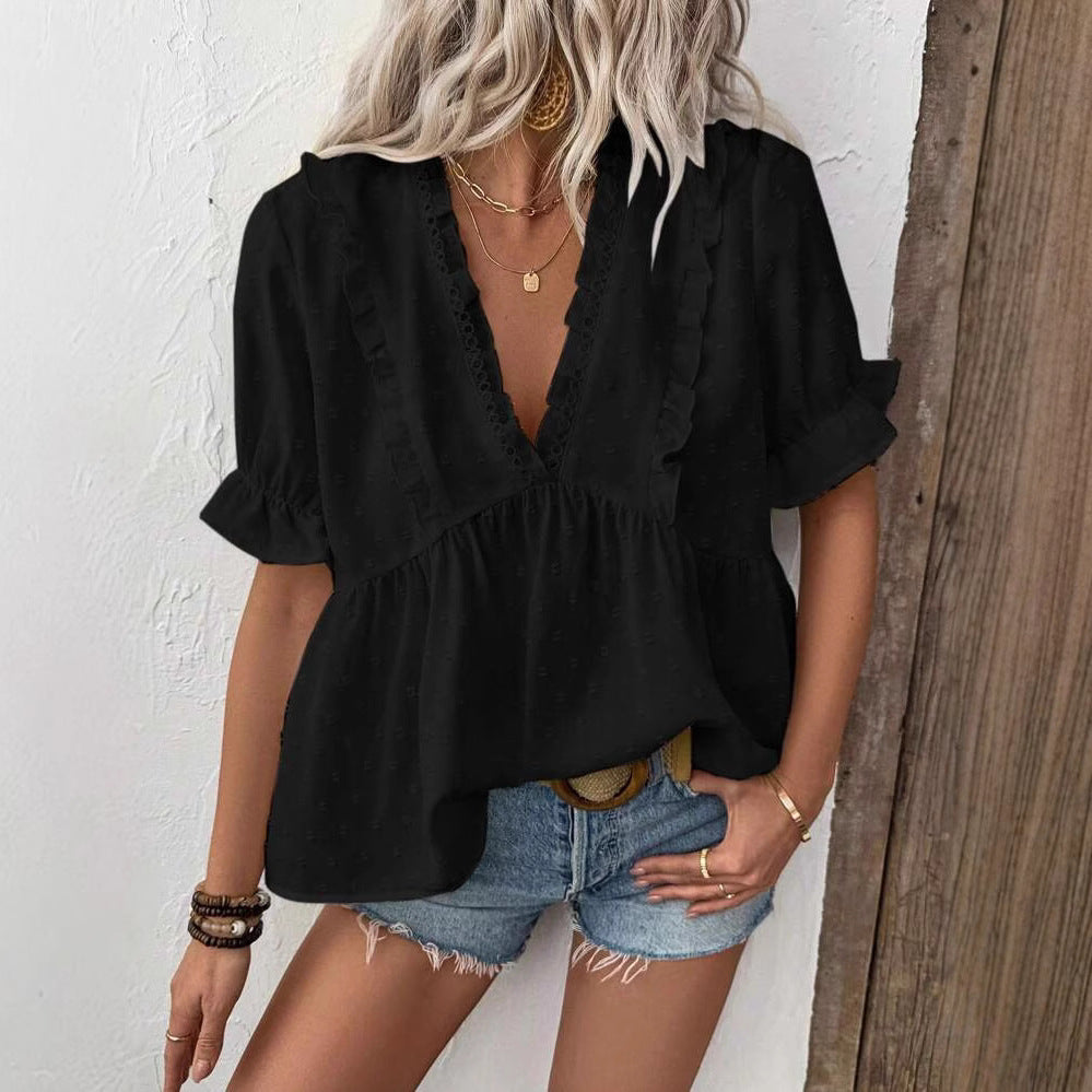 Elegant women's ruffled long-sleeve blouse, a chic and comfortable top for office or versatile spring wear.