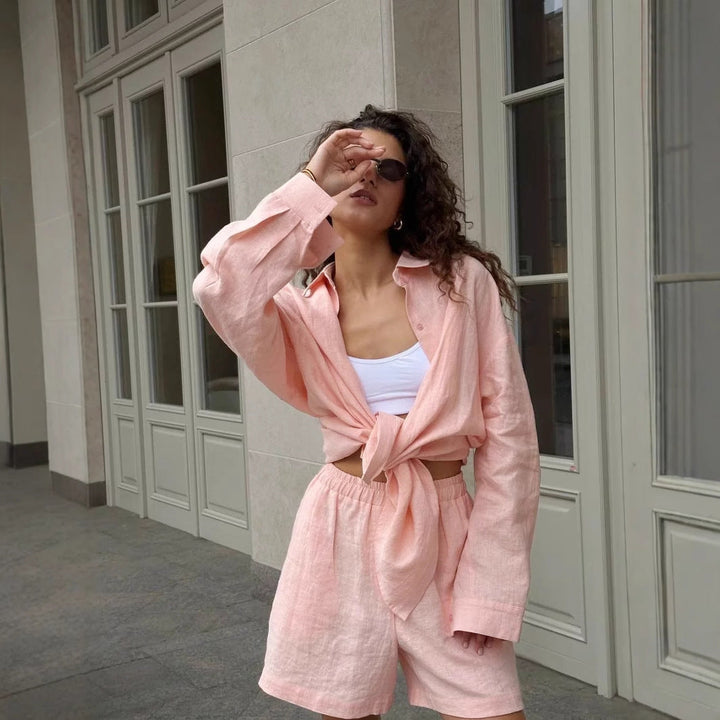 Women's comfortable two-piece casual set with a relaxed blouse and shorts. Perfect for summer days.
