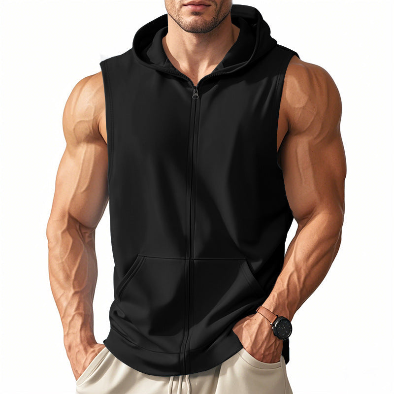 Men's hooded sleeveless jacket, a full-zip vest for active layering & outdoor comfort.
