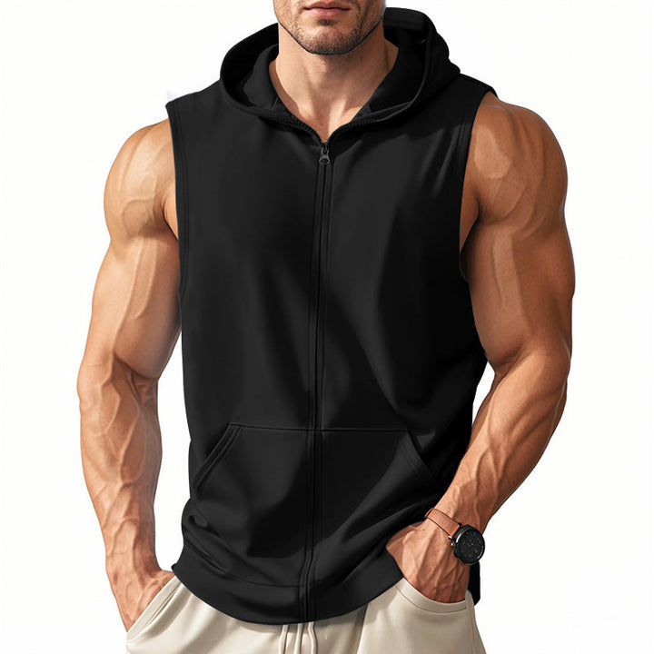 Men's hooded sleeveless jacket, a full-zip vest for active layering & outdoor comfort.