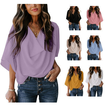 Women's elegant draped V-neck blouse, chic fashion top with loose sleeves for versatile wear.