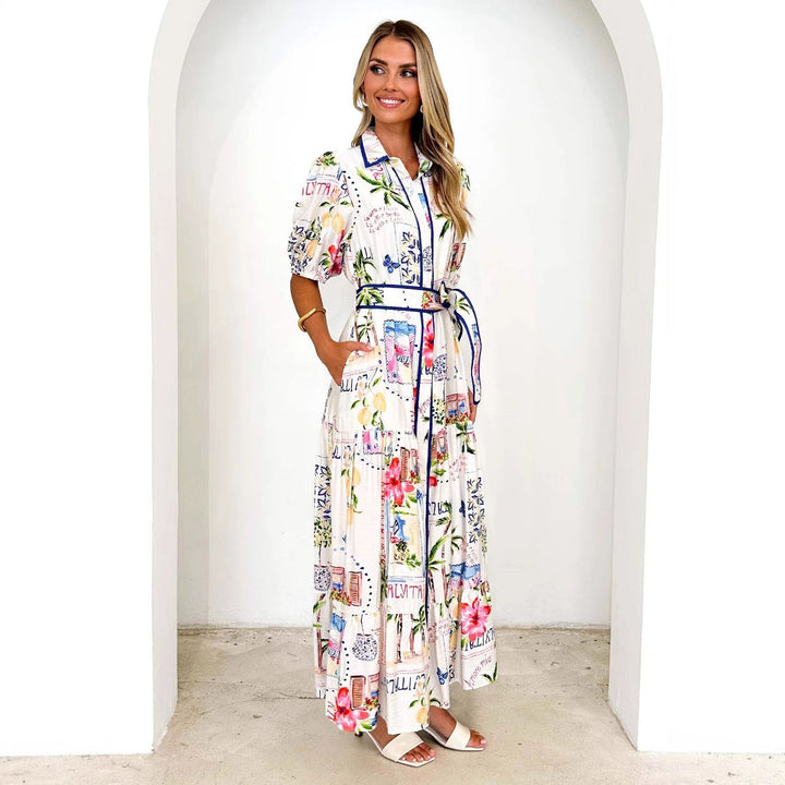 Versatile women's floral graphic maxi dress, airy and comfortable, perfect as a beach dress or elegant everyday wear.