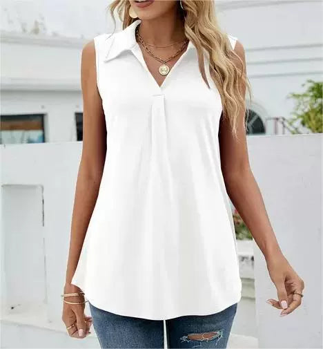 Stylish women's sleeveless blouse with elegant button accents, a smart casual staple for versatile summer outfits.