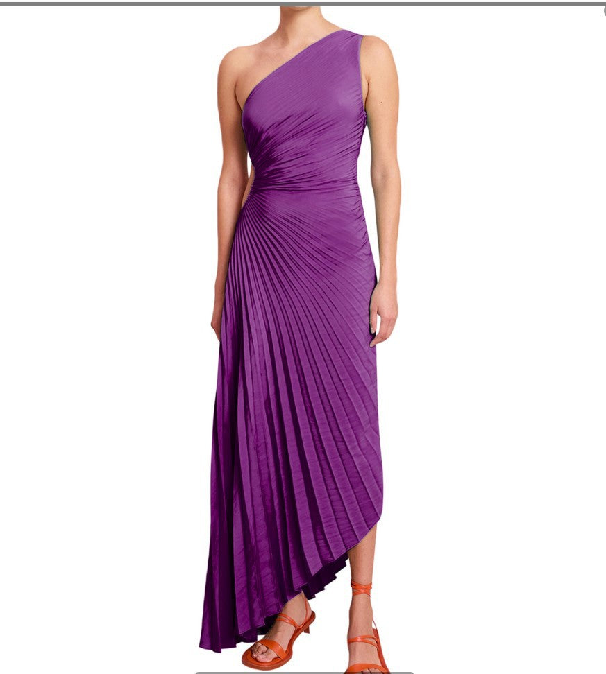 Women's formal party midi dress, elegant one-shoulder pleated design.