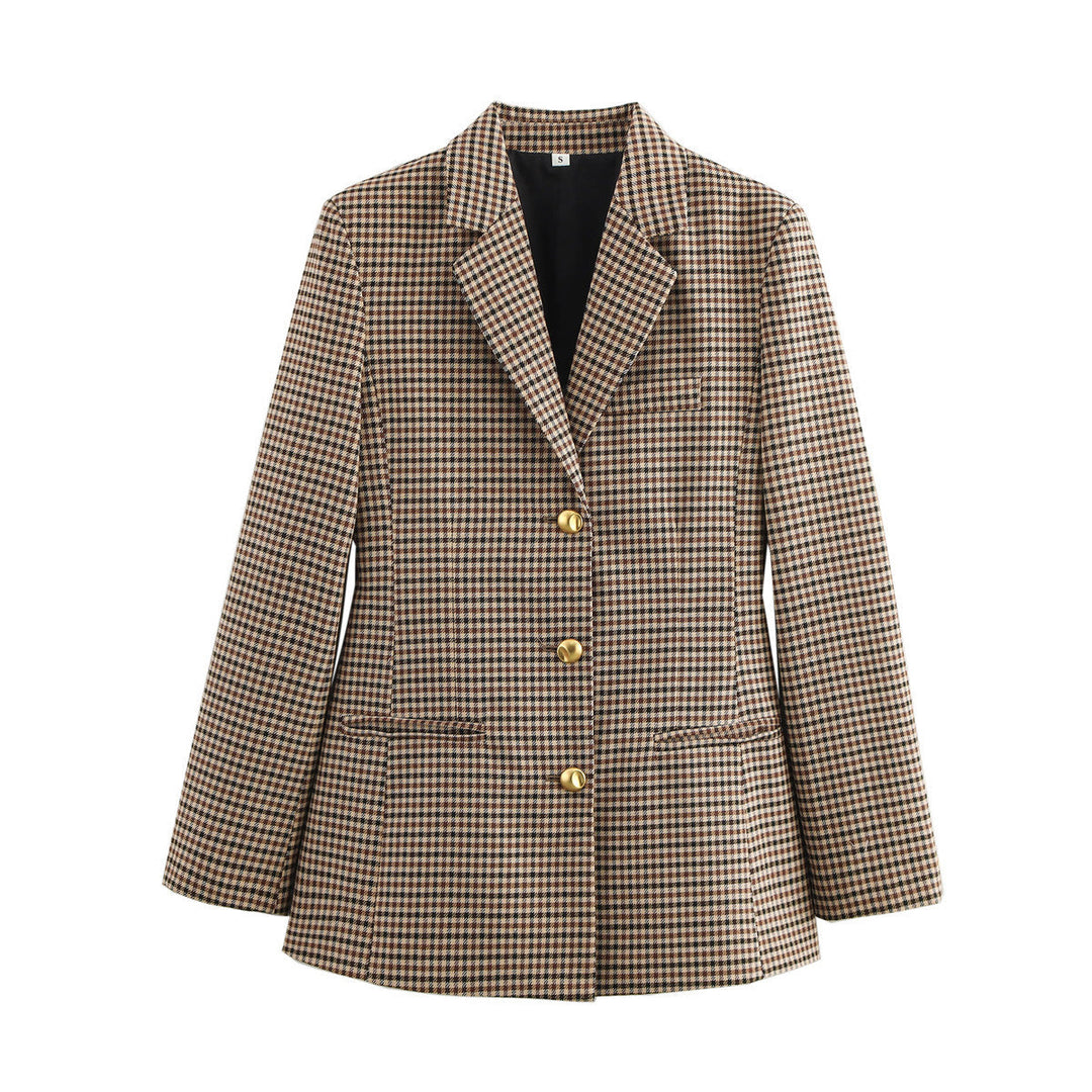Chic women's gold button tailored blazer. A modern classic professional jacket, offering elegant smart style for any occasion.